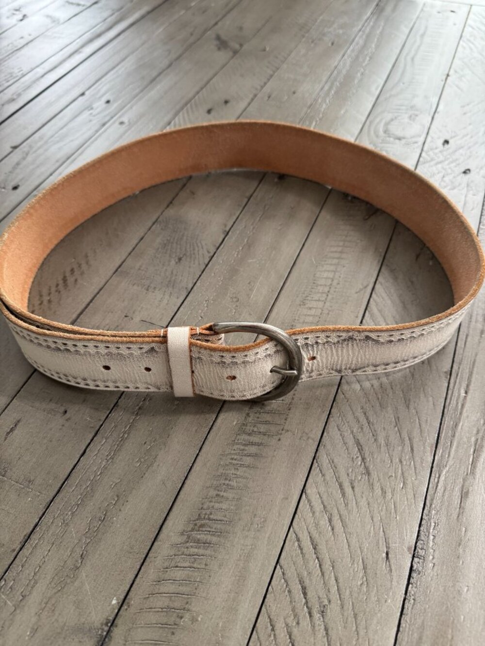 Landes White Leather Distressed Wide Belt Size Large